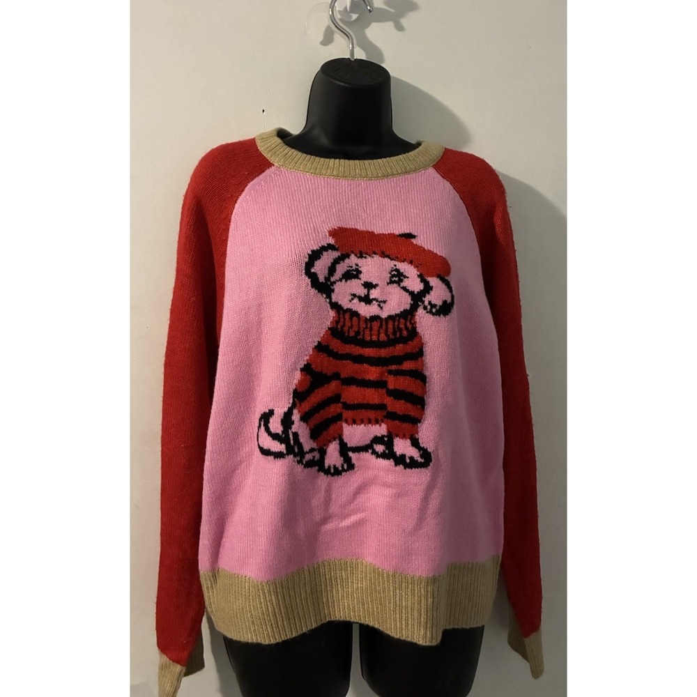 St Johns Bay Crewneck Puppy Dog Design Red Pink Large Sweater Pullover